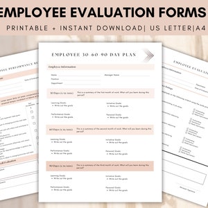 May include: Three printable employee evaluation forms with a light brown background. The forms include sections for employee information, performance ratings, and a 30-60-90 day plan.