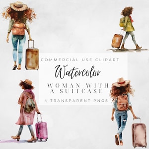Acuarela mujeres con maleta clipart - Clipart digital -Clipart de viaje -Clipart mujer negra- Chica con maleta-Clipart de uso comercial