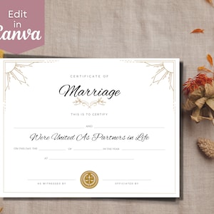 Bearbeitbares Hochzeitszertifikat -Canva-Vorlage- Zertifikat der Verlobung, personalisiertes Geschenk für Braut und Bräutigam, druckbare Vorlage