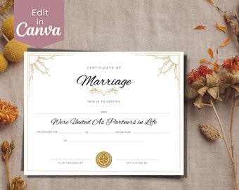 Editable Wedding Certificate -Canva template- Certificate of Commitment, Personalized Gift for Bride and Groom, Printable Template