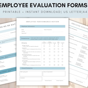 Puede incluir: Formularios de evaluación de empleados imprimibles en tamaños US Letter y A4. Los formularios incluyen secciones para información del empleado, competencias, criterios, evaluación general y áreas de mejora. Los formularios están diseñados para evaluaciones de 30, 60 y 90 días.