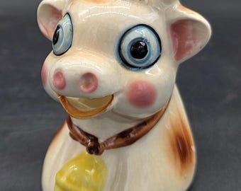 Jarra de crema vintage Nasco con forma de vaca, ojos azules y campana amarilla, Elsie la vaca, pintada a mano, Japón, jarra de crema, Golden Guernsey