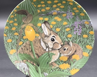 Plato de colección Listen Rabbit, porcelana, de Steven Shachter, Crown, Artmark, 1990, Hecho en Japón, Conejo