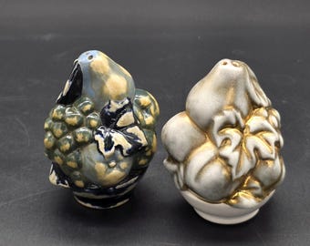 Keramische fruitschaal Zout- en peperstelset Appels, druiven, peren, bladeren, gouden accenten op het zout GEEN STOP