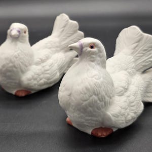 May include: Two white ceramic dove figurines with detailed feather textures. The doves have pink feet and purple accents on their beaks and around their eyes. The figurines are positioned on a dark surface.