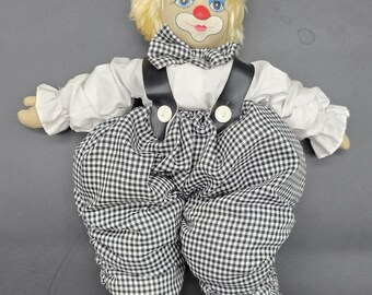 Blonde Stoffsammler-Clown-Puppe mit großen geschwollenen schwarz-weißen Karohosen, hergestellt in Taiwan, bemaltem Gesicht
