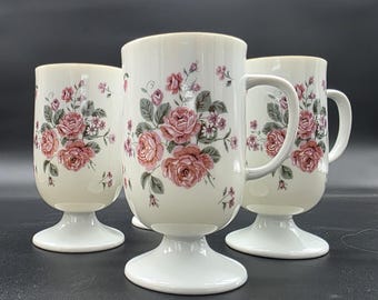 Set Of Four Rose Mugs, Made In Japan, Gold Trimmed, Pedestal, Cottage, Shabby Chic, Country, Coffee, Tea