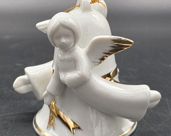 White Porcelain Double Angel Bell, Christmas, Gold Trimmed, Made In Japan