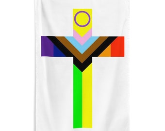 May include: A white flag with a yellow cross with a purple circle and a yellow circle inside. The cross is made up of different colored stripes, including purple, blue, black, brown, light blue, pink, orange, and red.