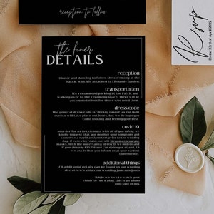 Cartão preto com detalhes de casamento, cartão minimalista com detalhes para casamento, moderno, para impressão, editável, download digital, cartão elegante - os originais