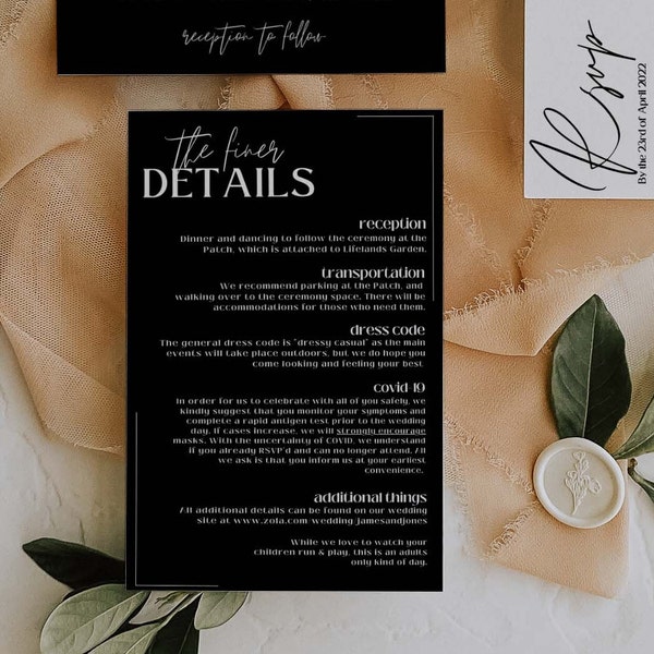 Black Wedding Details Card, Minimalist Details Card for Wedding, Modern, Printable, Editable, Digital Download, Sleek Card - The Originals