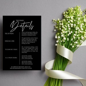Cartão preto com detalhes de casamento, cartão minimalista com detalhes para casamento, moderno, para impressão, editável, download digital, cartão elegante - The Wrights
