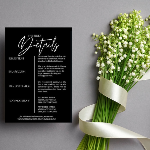 Black Wedding Details Card, Minimalist Details Card for Wedding, Modern, Printable, Editable, Digital Download, Sleek Card - The Wrights