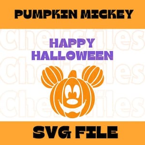 May include: An orange pumpkin with a Mickey Mouse face and ears. The pumpkin has a happy expression and is outlined in black. The text "Happy Halloween" is written in purple above the pumpkin. The text "PUMPKIN MICKEY" is written in black at the top of the image. The text "SVG FILE" is written in black at the bottom of the image.