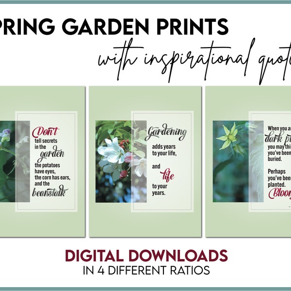 Spring Garden Prints with Quotes, Photo Triptych with Garden Images, Printable Garden Art, INSTANT DOWNLOAD