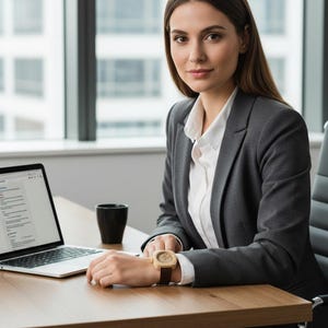 May include: A woman in a gray blazer and white shirt sits at a wooden desk, looking at the camera. A laptop and a black mug are on the desk. She wears a wooden watch with a brown leather strap.