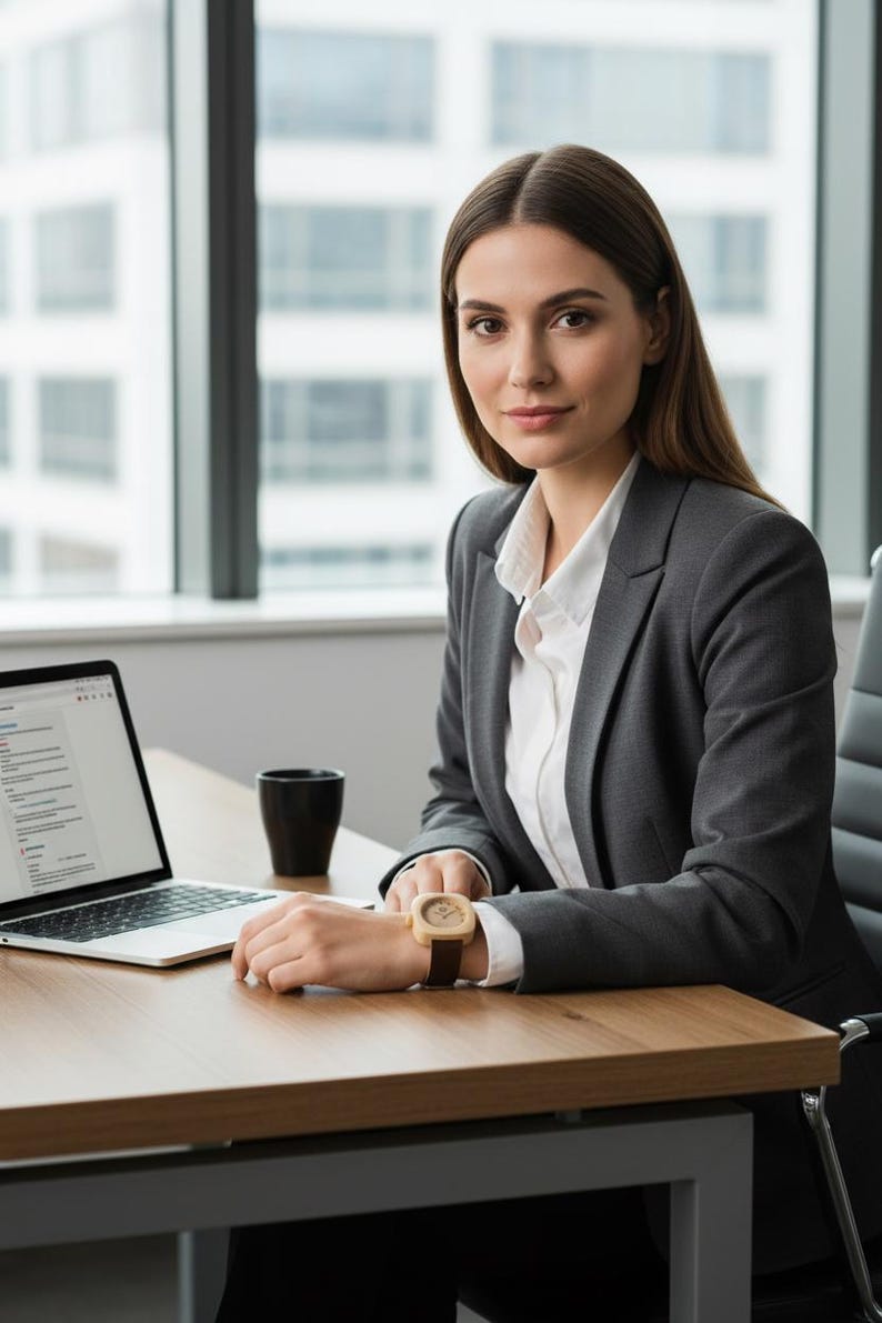 May include: A woman in a gray blazer and white shirt sits at a wooden desk, looking at the camera. A laptop and a black mug are on the desk. She wears a wooden watch with a brown leather strap.