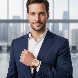 May include: A man in a navy blue suit and white shirt, wearing a light-colored square watch with a brown leather band. The watch face has a minimalist design. The background is a blurred office setting.