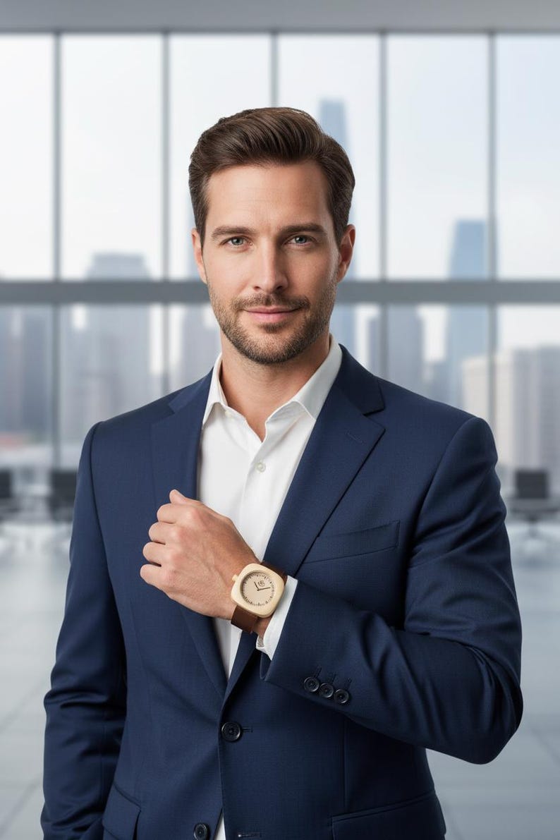 May include: A man in a navy blue suit and white shirt, wearing a light-colored square watch with a brown leather band. The watch face has a minimalist design. The background is a blurred office setting.