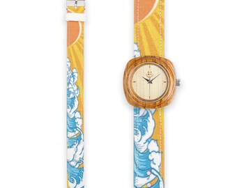wooden watch with the wave of kanagawa Minimalist japan art styles
