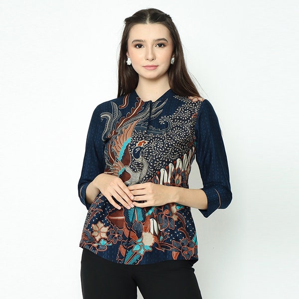 Phoenix Bird Batik Print V-Neck Dress with Front Button Detail