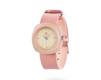 Minimalist Kunst Holz rosa Uhr mit Lederband Handwerkskunst lässigen Stil