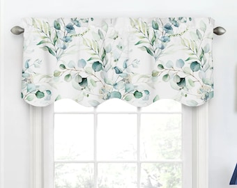 Watercolor Eucalyptus Window Valance - White with Shades of Green | Standard and custom sizes | French style valance with 3 inch rod pocket