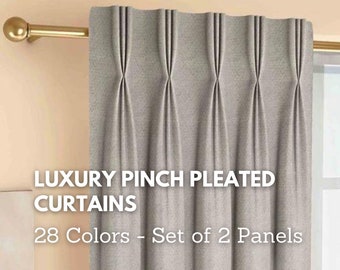 Luxury pinch pleated linen textured woven curtains | set of 2 panels | cotton lined | extra long and extra wide panels available