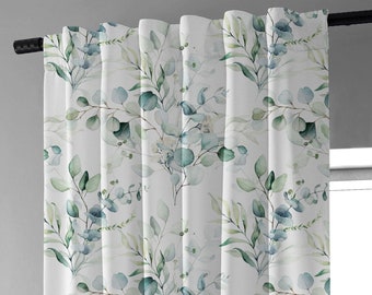 Watercolor Eucalyptus Leaves Cotton Linen Back Tab Curtains | White and Green | Light Filtering or Blackout | Custom Sizes Available