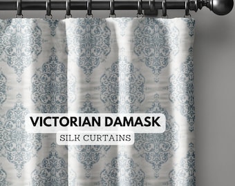 Victorian Damask Woven Luxury Heavy Silk Curtains With Ripple Fold Hooks Top | Light Filtering or Blackout | Single/Set of 2 | Custom Sizes