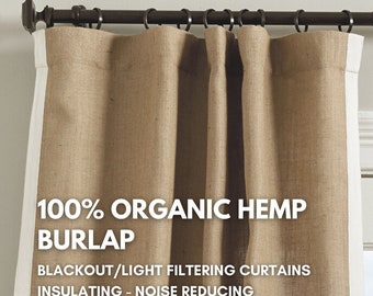 Undyed Organic Hemp Burlap Curtains - Heavy Weight Natural Fabric | Customizable Size | With or Without Trim Border | Single or Set of 2
