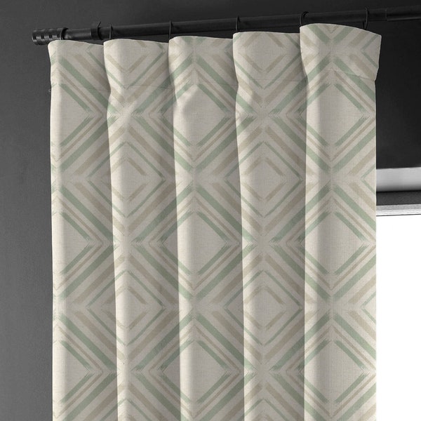 Cream, Taupe & Sage Green Geometric Diamond Linen Curtains - Light Filtering/Blackout - Single or Set of 2 - Custom Sizes