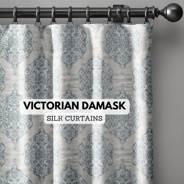 Victorian Damask Woven Luxury Heavy Silk Curtains With Ripple Fold Hooks Top | Light Filtering or Blackout | Single/Set of 2 | Custom Sizes