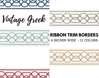 Vintage greek embroidered trim border ribbon for curtains cushions & home furnishing textiles cotton canvas 4 inches wide sold by the yard