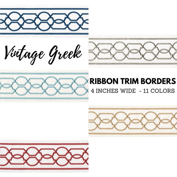 Vintage greek embroidered trim border ribbon for curtains cushions & home furnishing textiles cotton canvas 4 inches wide sold by the yard