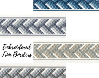 Trim borders geometric embroidered for curtains cushions and home furnishing textiles made from cotton canvas 4 inches wide sold by the yard