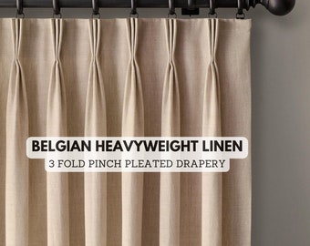 Cortinas plisadas de triple pliegue de lino pesado belga para varillas y rieles / 56 colores / paneles extra anchos y extra largos