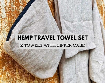 Organic hemp towel set for travel as well as home use | comes with a zippered hemp fabric storage bag | two organic hemp towels
