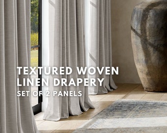 Textured woven linen blackout curtains | back tabs + hooks top 2 in 1 | organic linen fabric | rich slub texture | set of 2 panels