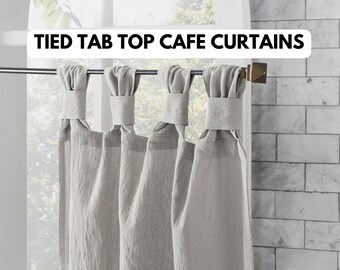 Organic linen cafe curtains | stylish tied tap top heading style | semi sheer light filtering | set of 2 panels