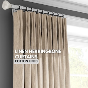 Hand Stitched Linen herringbone heavyweight pinch pleated curtains | set of 2 panels | cotton lined | extra long and extra wide curtains