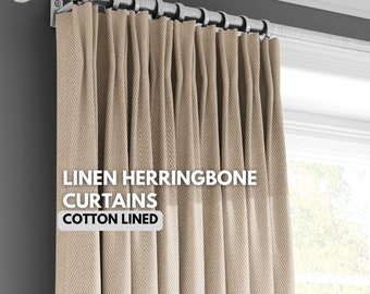 Hand Stitched Linen herringbone heavyweight pinch pleated curtains | set of 2 panels | cotton lined | extra long and extra wide curtains