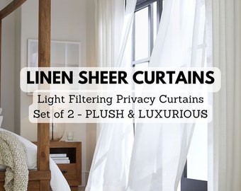 Linen sheer curtains set of 2 panels | blended linen look fabric | low cost high quality | 2 in 1 back tab + hooks top hanging options