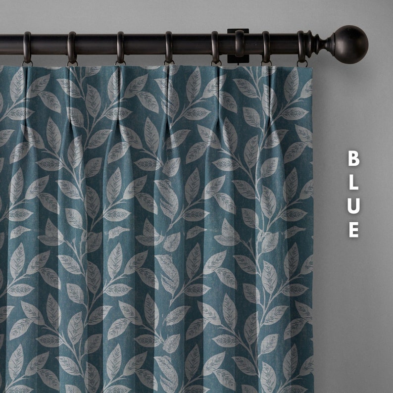 Luxury Linen Pinch Pleated Curtains, Woven Leaf Design, Blackout or