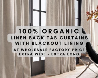 Organic linen curtains back tab with 100% blackout lining | available in 54" and 108" wide panels | express shipping