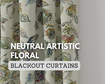 Artistic Greenish Beige Floral Linen Curtains - 3 Heading Styles, Light Filtering or Blackout Liner Option | Custom Made, Single or Set of 2