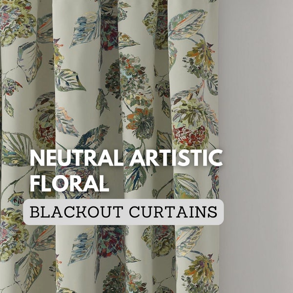 Artistic Greenish Beige Floral Linen Curtains - 3 Heading Styles, Light Filtering or Blackout Liner Option | Custom Made, Single or Set of 2