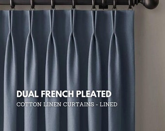 Dual french pleated linen thickweave blackout curtains | 100% darkening | sold as single panels | extra long and extra wide panels available