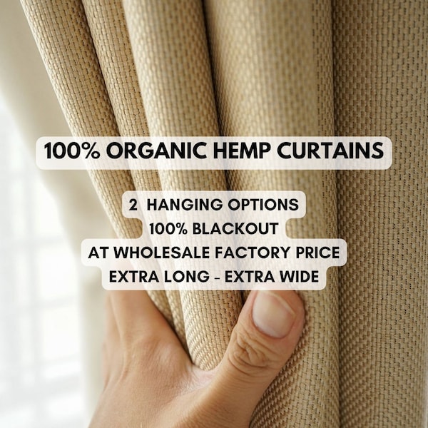 Organic hemp blackout curtains | two hanging options back tab + hooks top | extra wide and extra long curtains | sold as individual panels