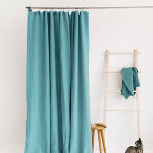 100% organic linen gots certified shower curtain chemical free looks rustic yet elegant completelyhandmade Atlantis Blue